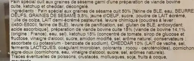 9 mini-burgers - Boeuf Cheddar Quetchup ingredients label