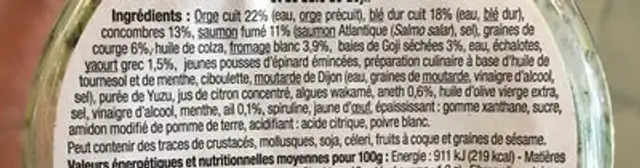 Orge, blé, tzatziki & saumon fumé ingredients label