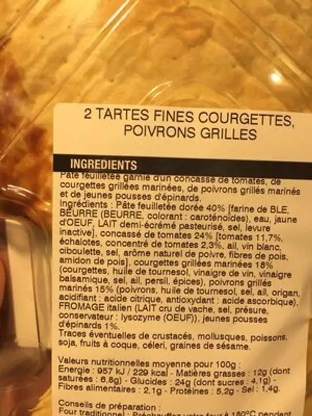 Tarte fine ingredients label