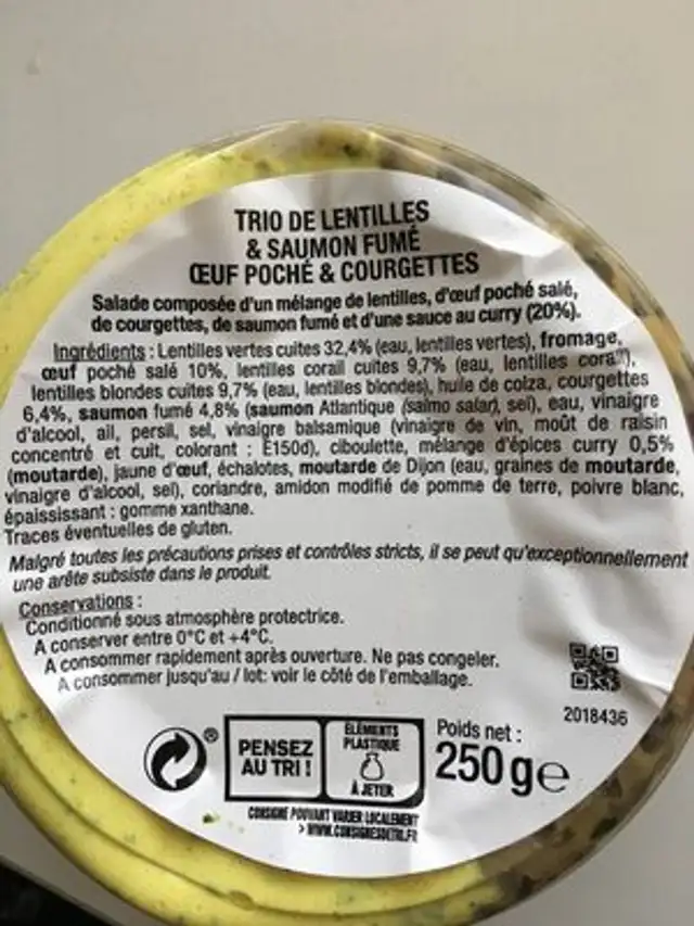 Trio de lentilles & saumon fumé oeuf poché & courgettes ingredients label