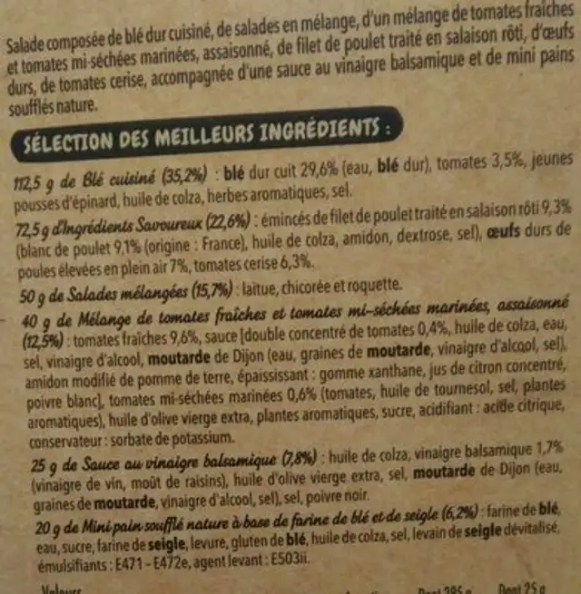Salade Mezze Poulet Oeuf, 320g ingredients label