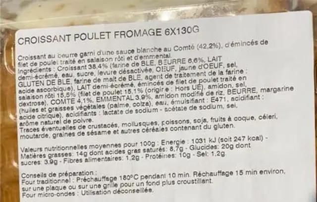Croissants poulet nutrition facts table