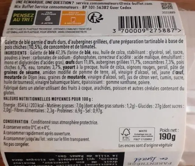 Wrap façon sabich nutrition facts table