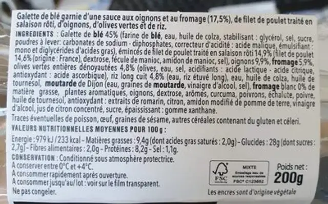 Wrap Chaud poulet façon yassa nutrition facts table