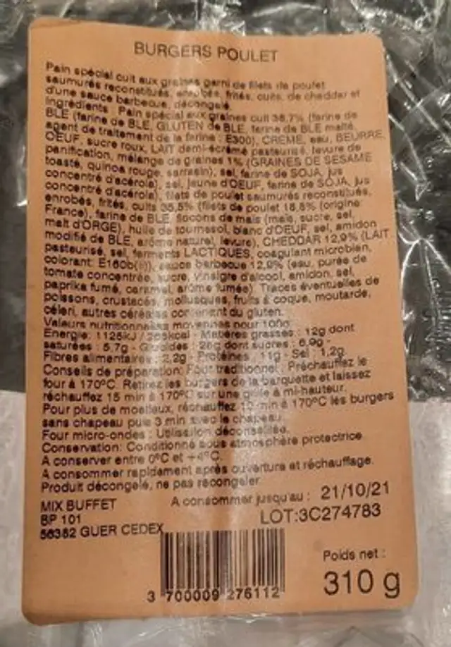 Burger poulet sauce barbecue nutrition facts table