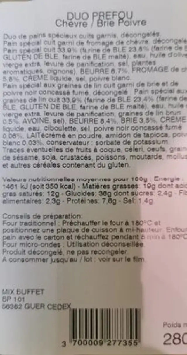 Duo de préfous Chèvre et Brie poivre nutrition facts table