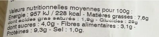 Sandwich poulet curry nutrition facts table