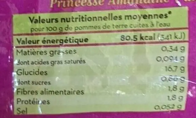 Pomme de terre princesse Amandine nutrition facts table