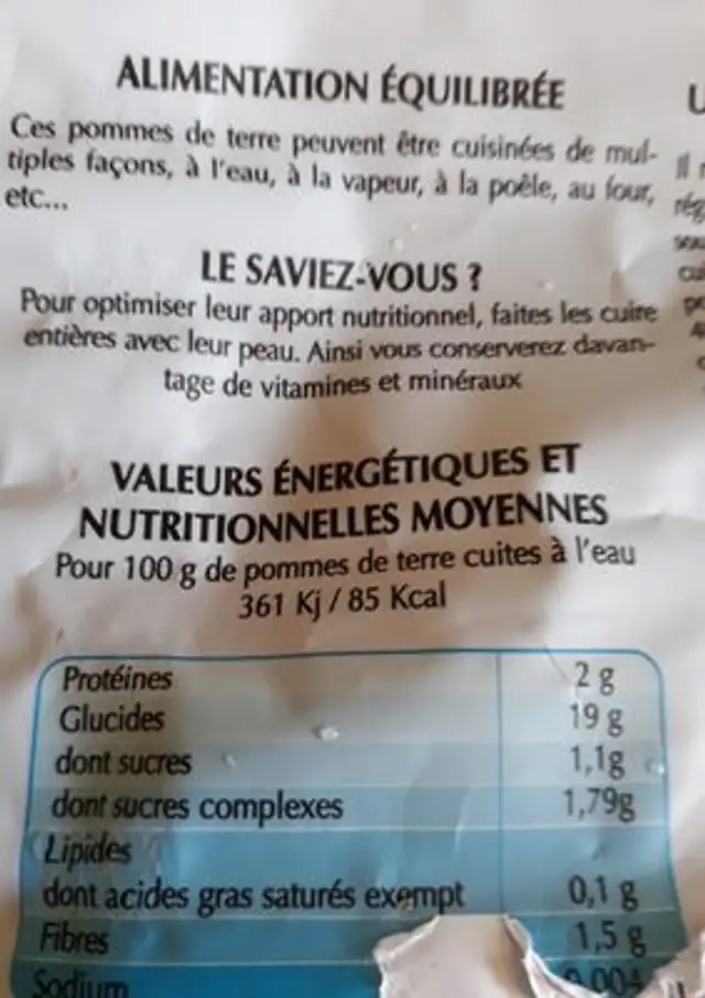 Pomme de terre ingredients label