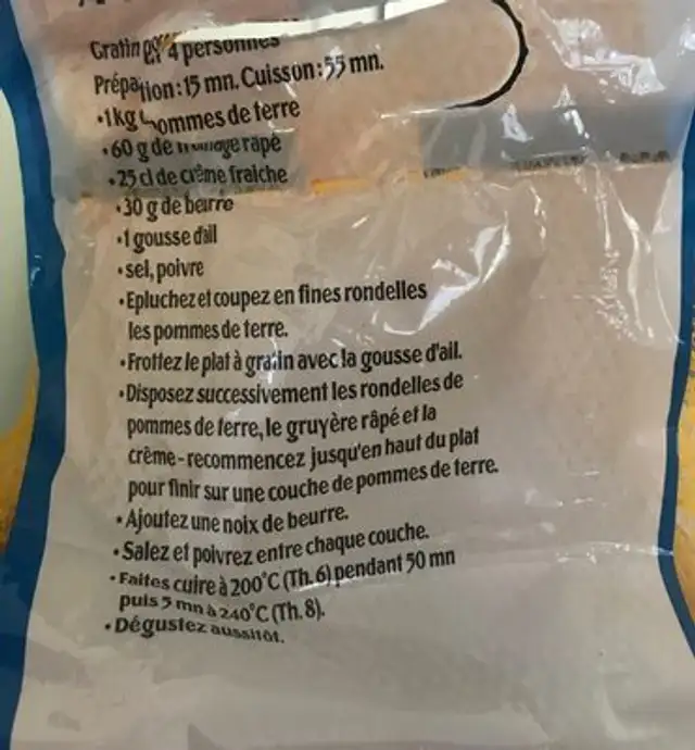 Pommes de terre special vapeur ingredients label