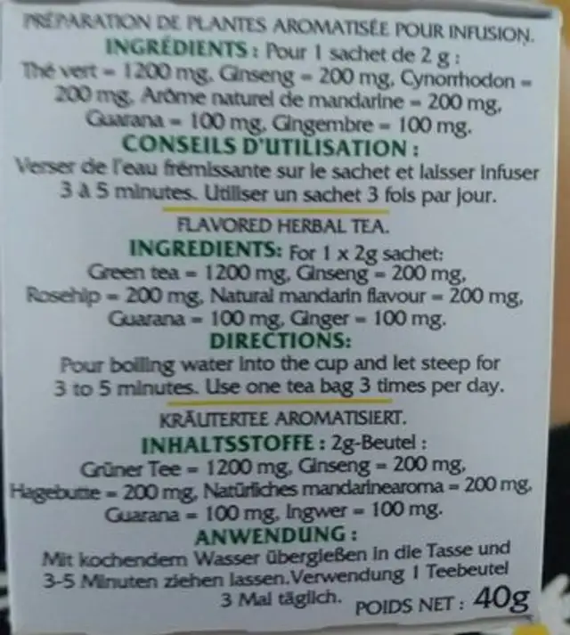 Tonique infusion ginseng ingredients label
