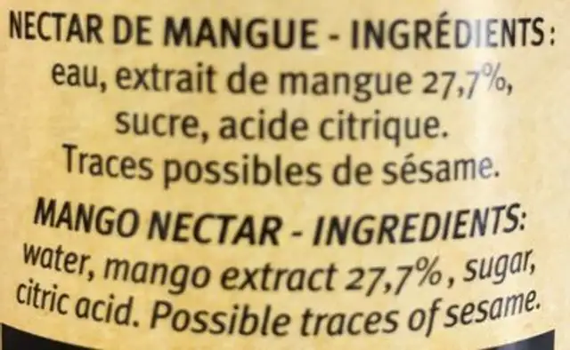 Mango drink ingredients label
