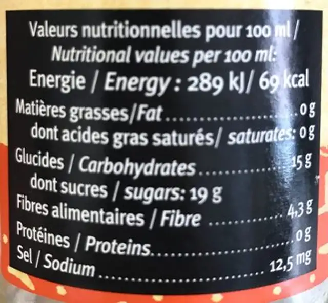 Mango drink nutrition facts table