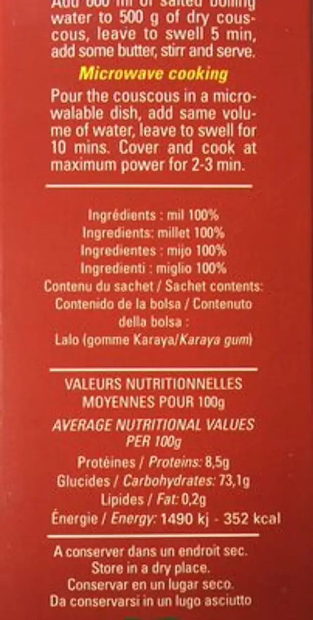 Couscous de mil ingredients label