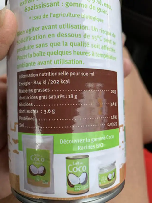 Crème coco bio nutrition facts table