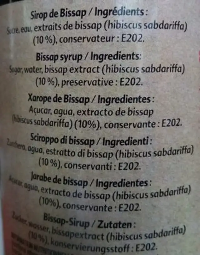 Sirop De Bissap ingredients label