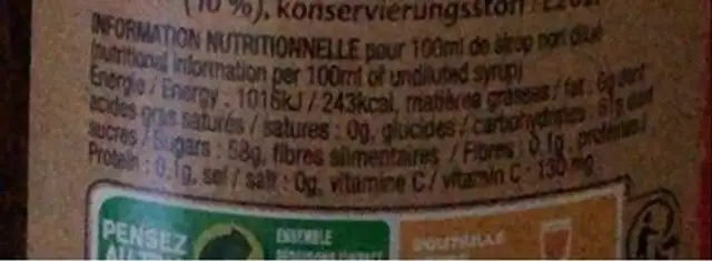 Sirop De Bissap nutrition facts table