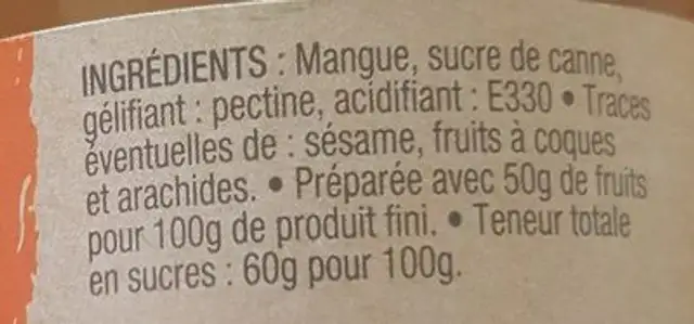 Mangue ingredients label