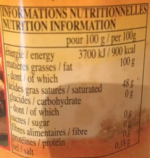 Huile De Palme Rouge 750ML nutrition facts table