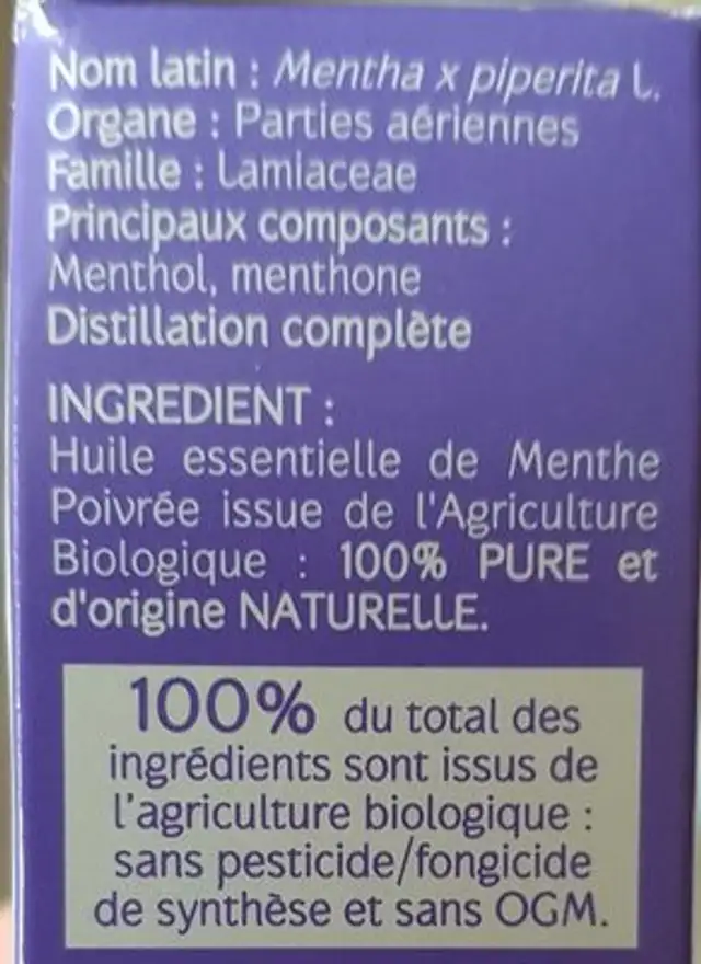 Naturactive Huile Essentielle Bio Menthe Poivrée ingredients label