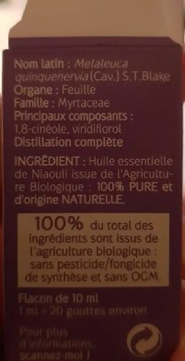 Naturactive Huile Essentielle Niaouli Bio 10ML ingredients label