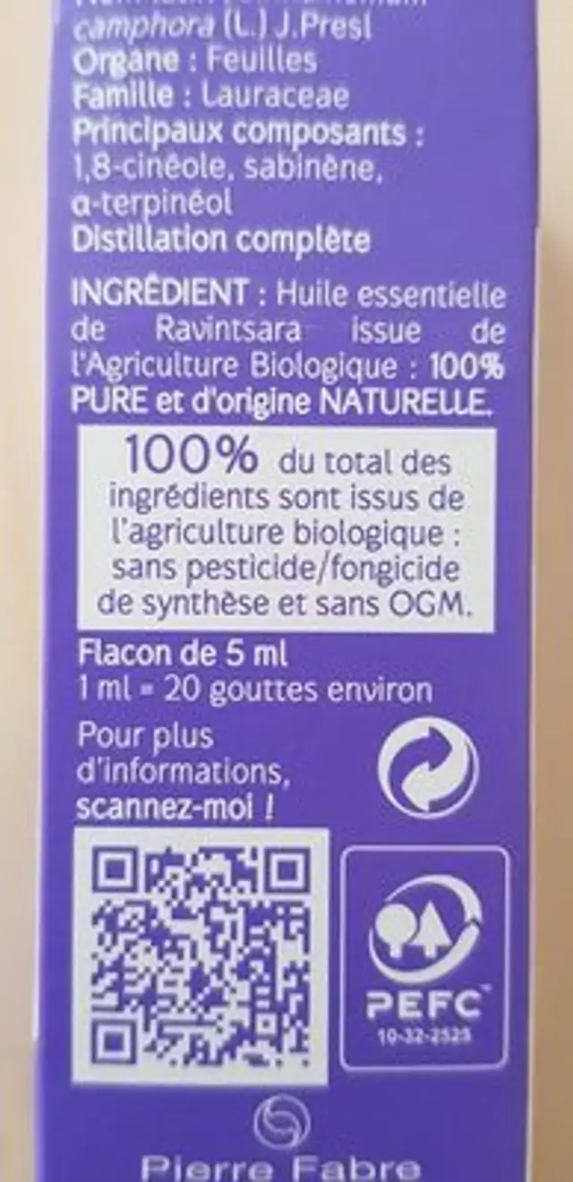 Huile Essentielle Ravintsara Naturactive ingredients label