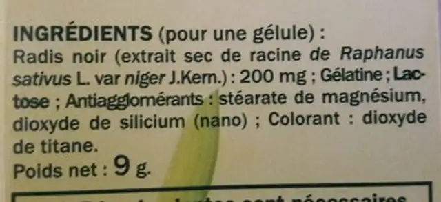 Naturactive Elusanes Radis Noir ingredients label
