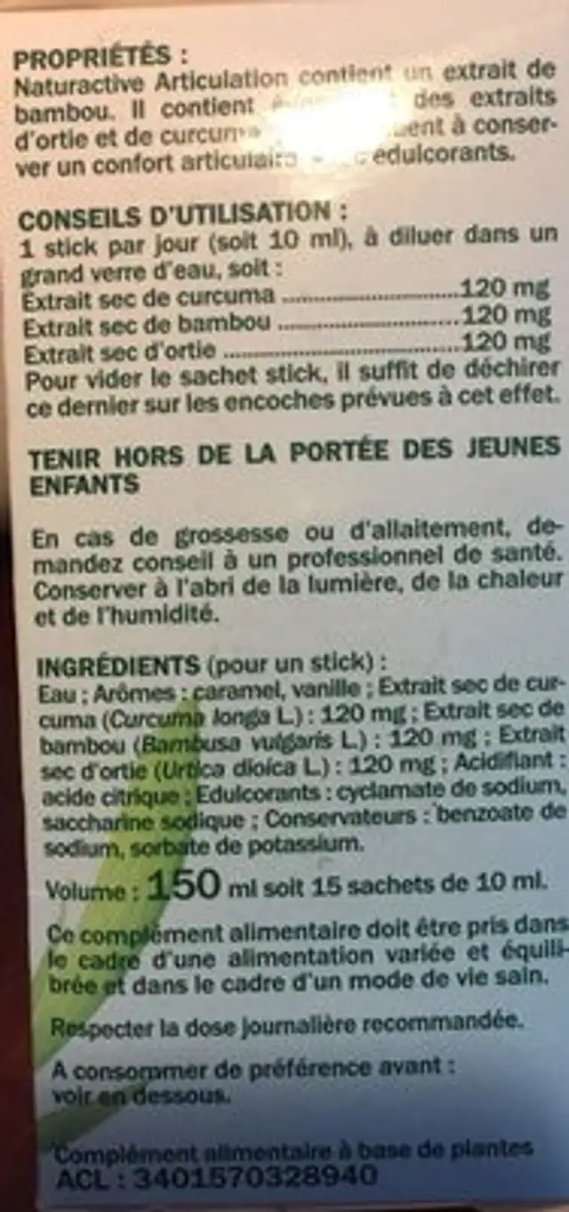 Naturactive Elusane Articulation Liquid Sachets, 15 Sachets To Dilute ingredients label