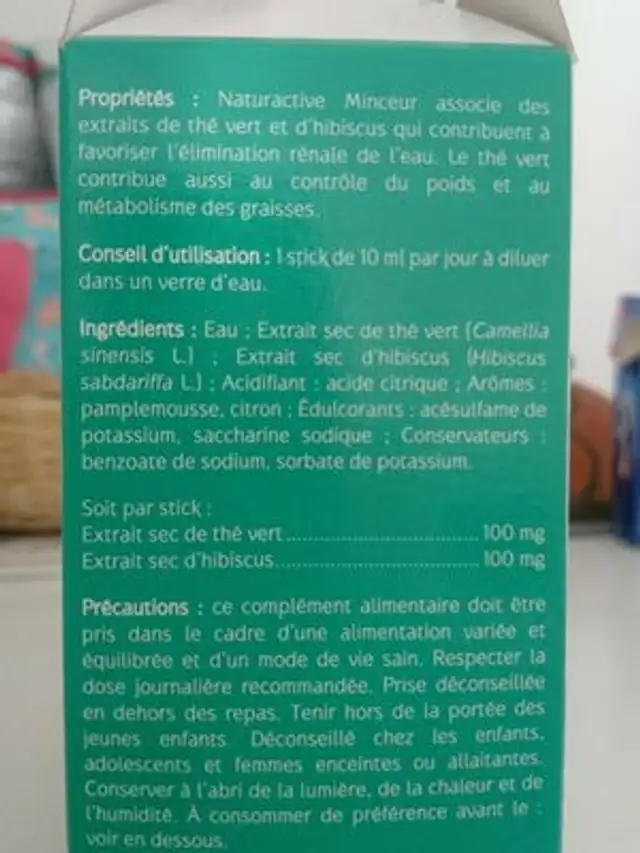 Naturactive Minceur Stick Fluide ingredients label
