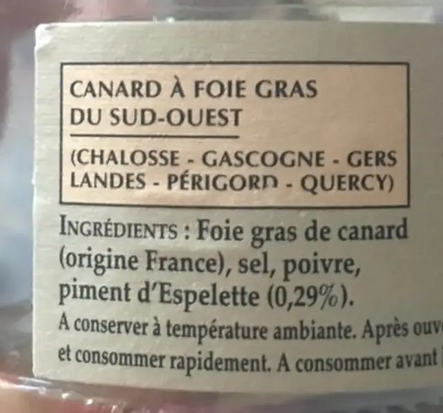 Foie gras de canard entier du sud-ouest au piment d'espelette ingredients label