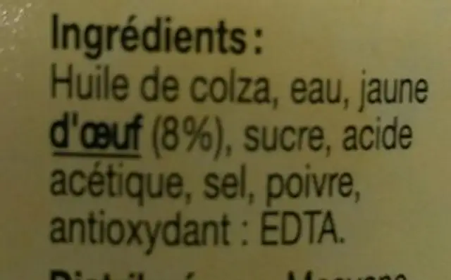 Mayonnaise Aux Oeufs ingredients label