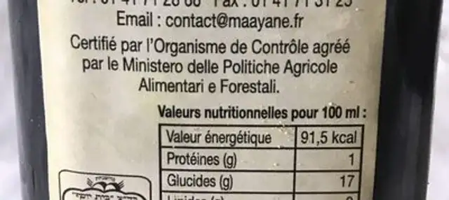 vinaigre balsamique de Modena nutrition facts table