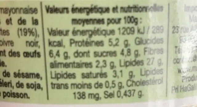 Délice de courgettes nutrition facts table