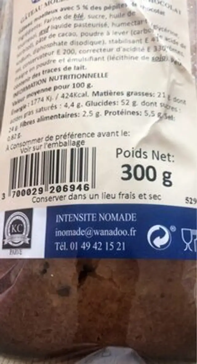Gateau moelleux avec pepites chocolat