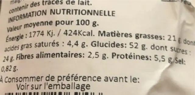 Gateau moelleux avec pepites chocolat nutrition facts table