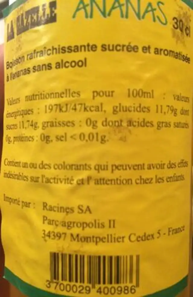 Boisson rafraichissante à l’ananas ingredients label