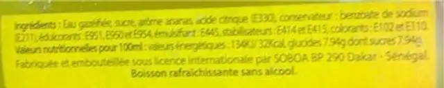 Boisson rafraichissante à l’ananas nutrition facts table