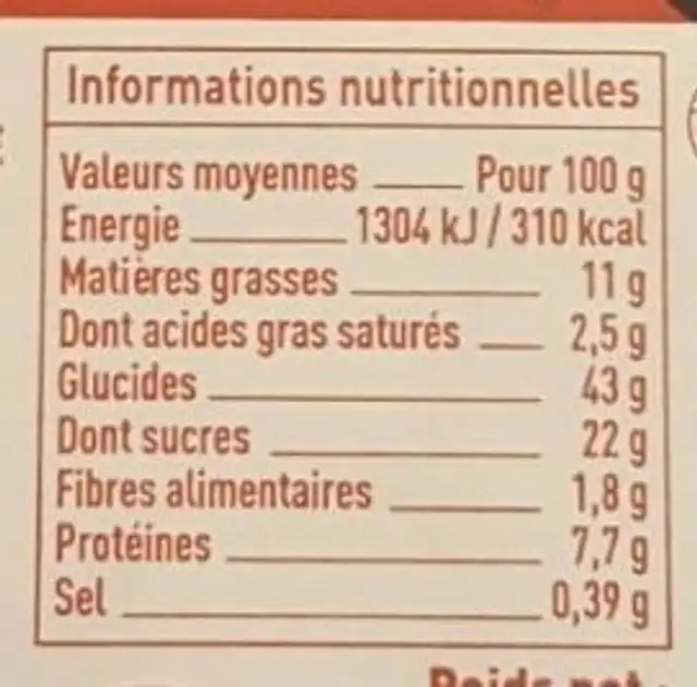 Crêpe de froment nutrition facts table