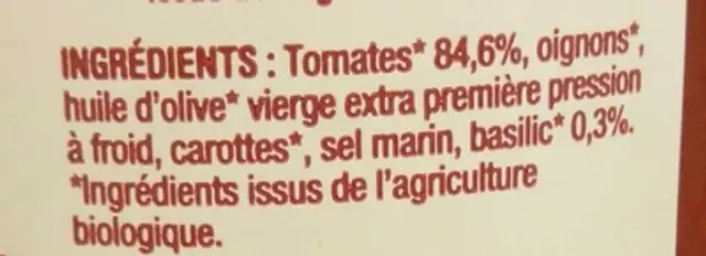 Sauce tomate basilic ingredients label