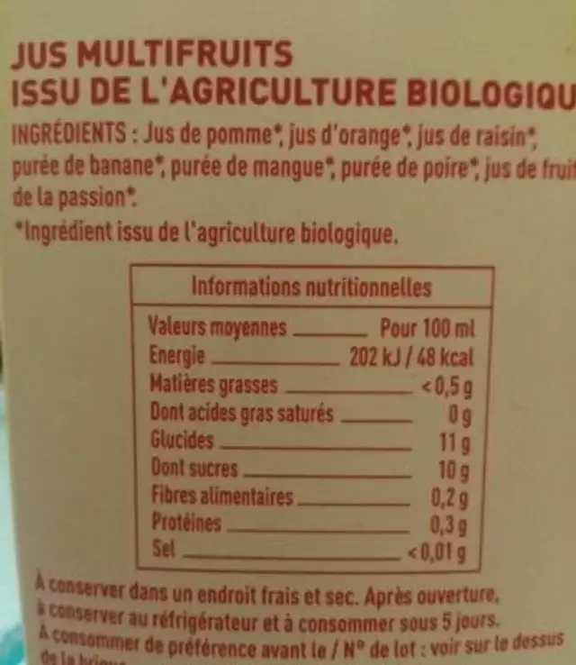 Pur jus multifruits nutrition facts table