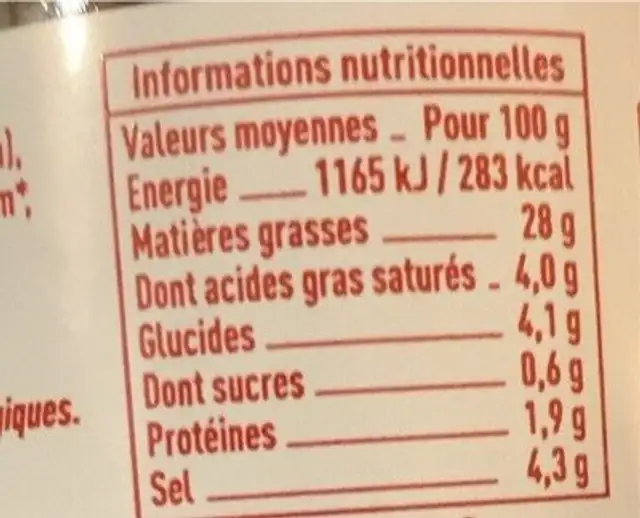 Tapenade Noire nutrition facts table