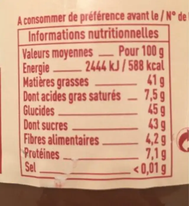 Pâte à tartiner 20% de noisettes nutrition facts table