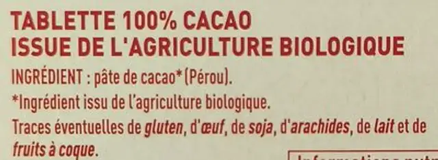 Chocolat noir 100% ingredients label