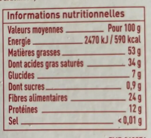 Chocolat noir 100% nutrition facts table