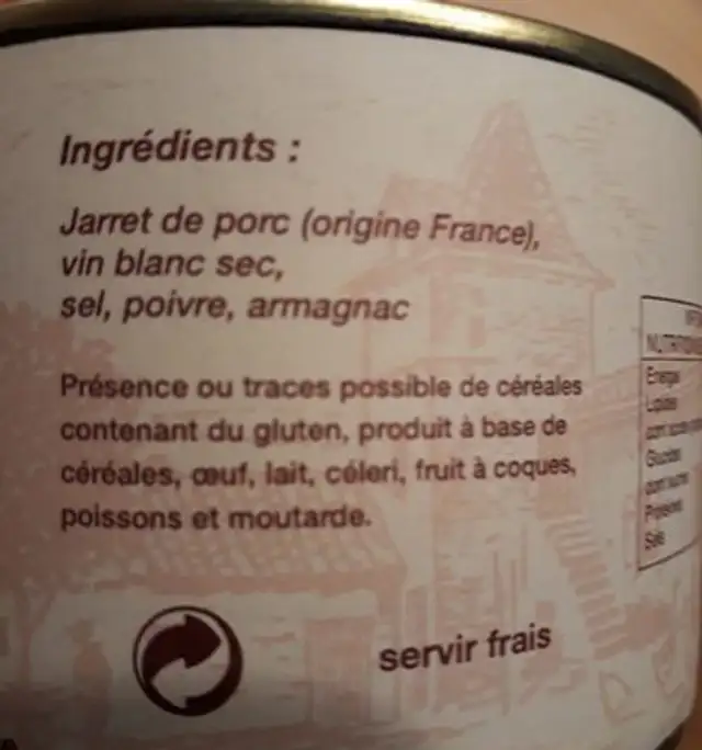 Jambonneau ingredients label