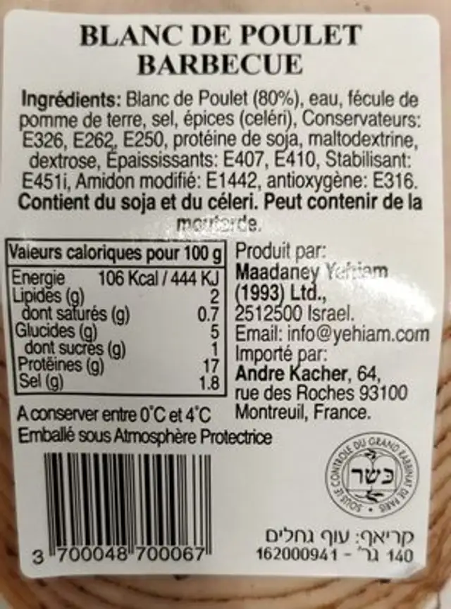 Blanc de poulet barbecue ingredients label