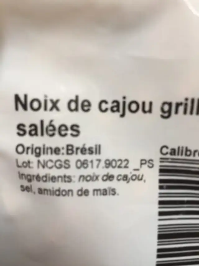 Noix De Cajou ingredients label