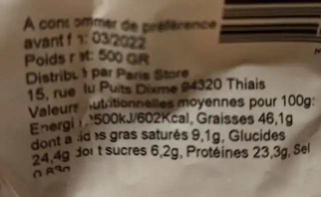Noix De Cajou nutrition facts table