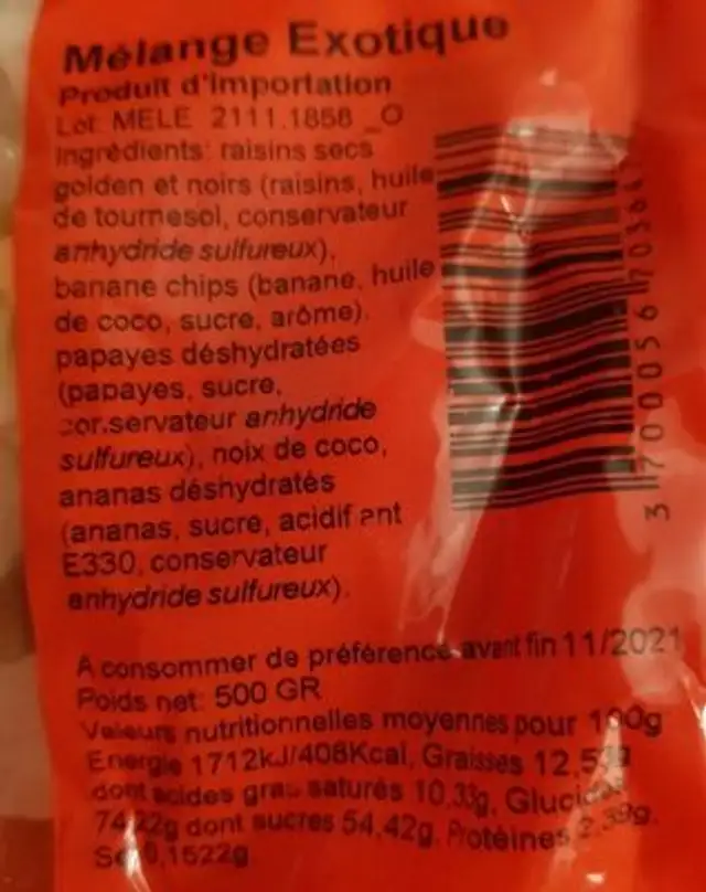 Mélange exotique nutrition facts table