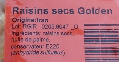 Raisins secs Golden ingredients label